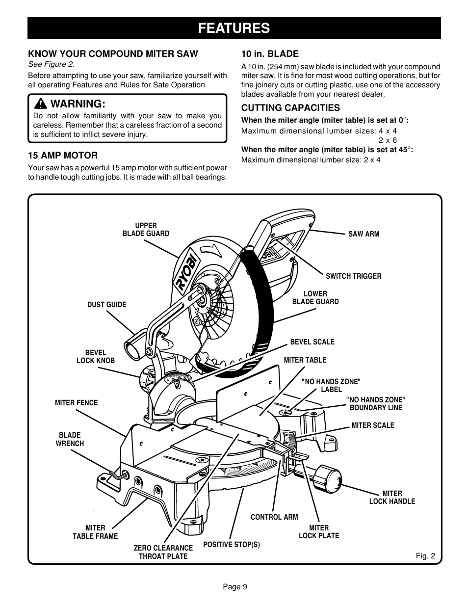 Features, Warning, Know your compound miter saw | 15 amp motor, 10 in. blade, Cutting capacities | Ryobi TS1352 User Manual | Page 9 / 30