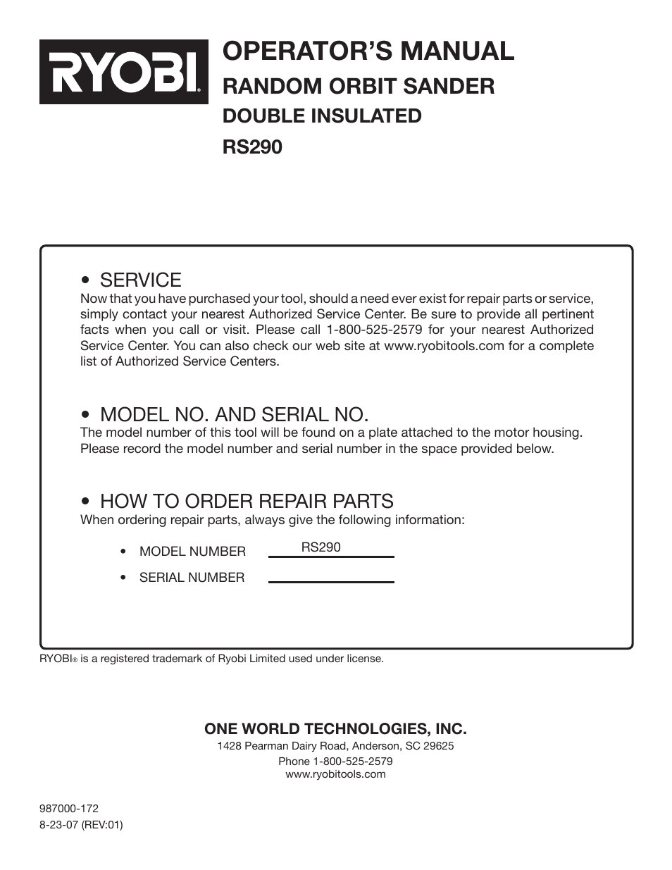 Operator’s manual, Random orbit sander, Double insulated rs290 • service | Model no. and serial no, How to order repair parts | Ryobi RS290 User Manual | Page 14 / 14