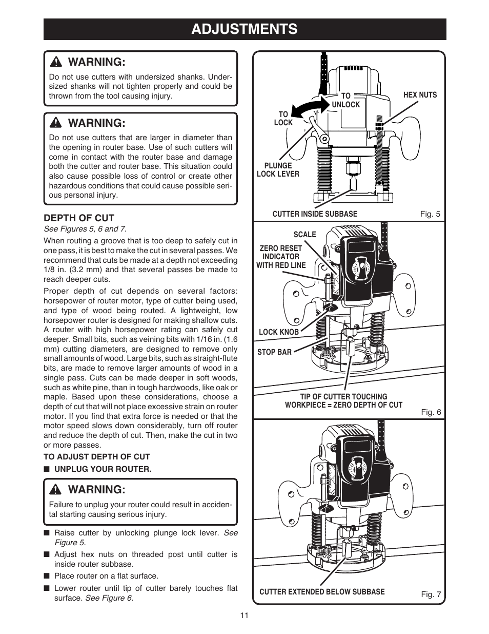 Adjustments, Warning | Ryobi RE180PL1 User Manual | Page 11 / 24