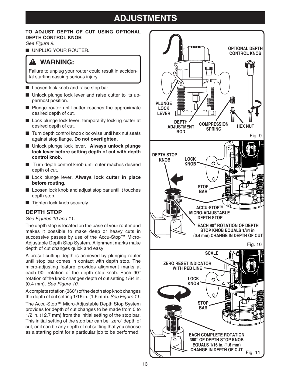 Adjustments, Warning | Ryobi RE180PL1 User Manual | Page 13 / 24
