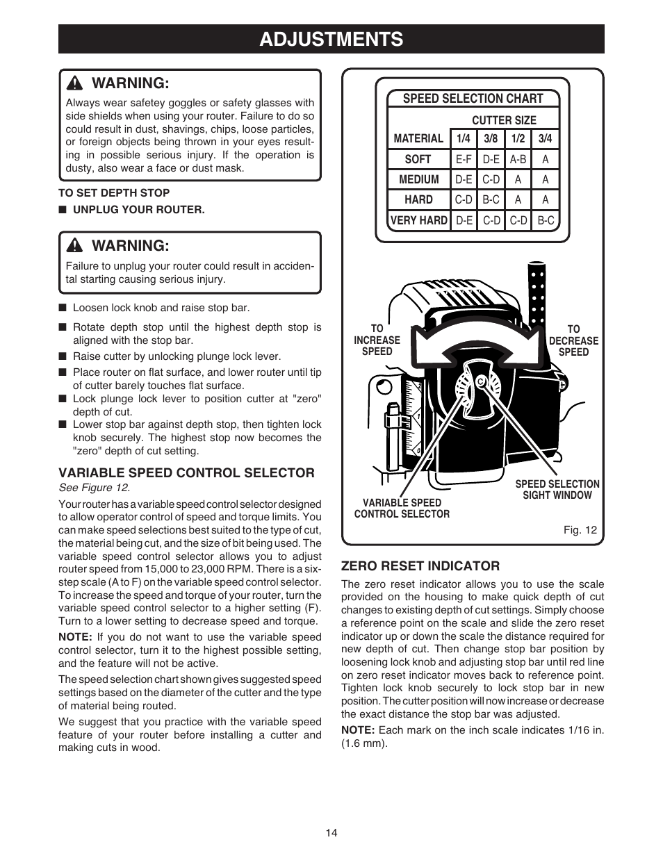 Adjustments, Warning | Ryobi RE180PL1 User Manual | Page 14 / 24