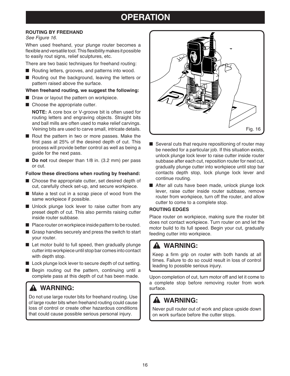 Operation, Warning | Ryobi RE180PL1 User Manual | Page 16 / 24