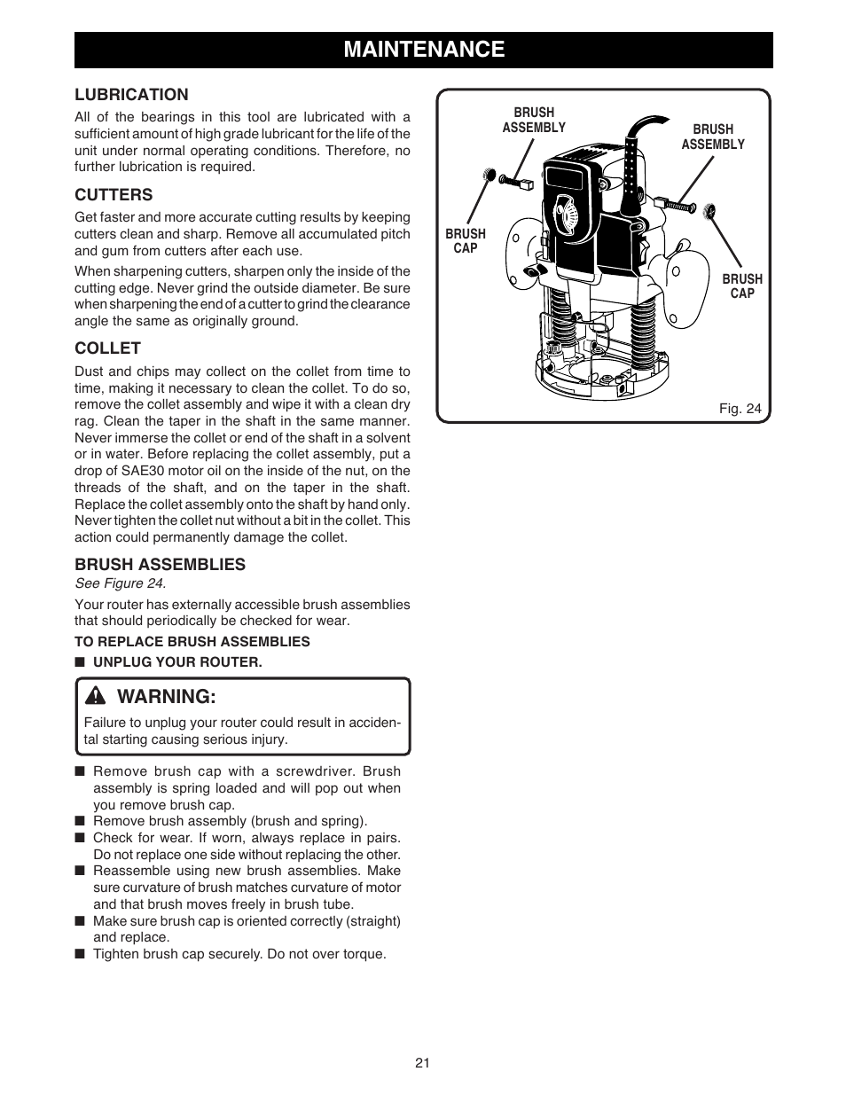 Maintenance, Warning | Ryobi RE180PL1 User Manual | Page 21 / 24