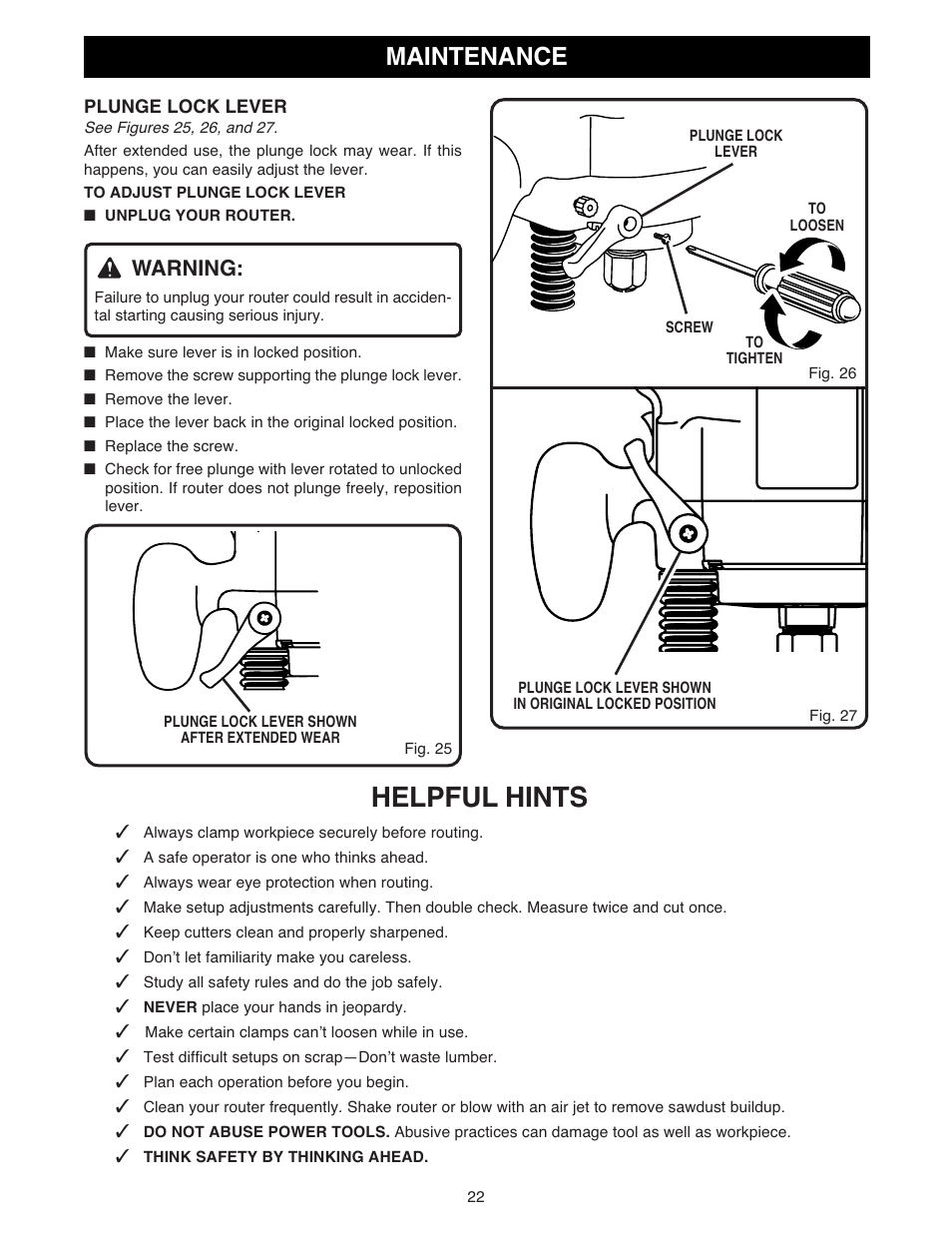 Helpful hints, Maintenance, Warning | Ryobi RE180PL1 User Manual | Page 22 / 24