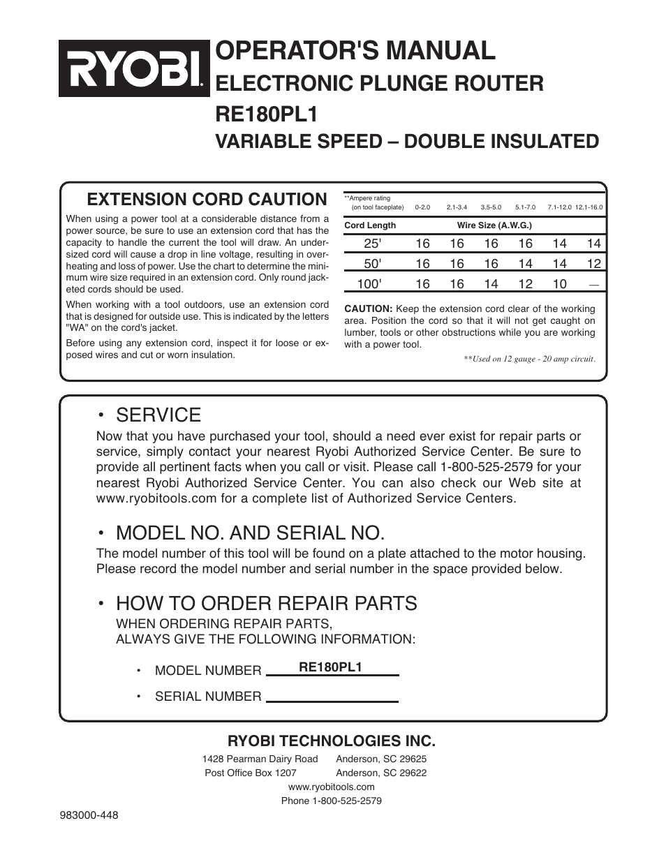 Operator's manual, Electronic plunge router re180pl1, Variable speed – double insulated | Service, Model no. and serial no, How to order repair parts, Extension cord caution, Ryobi technologies inc | Ryobi RE180PL1 User Manual | Page 24 / 24