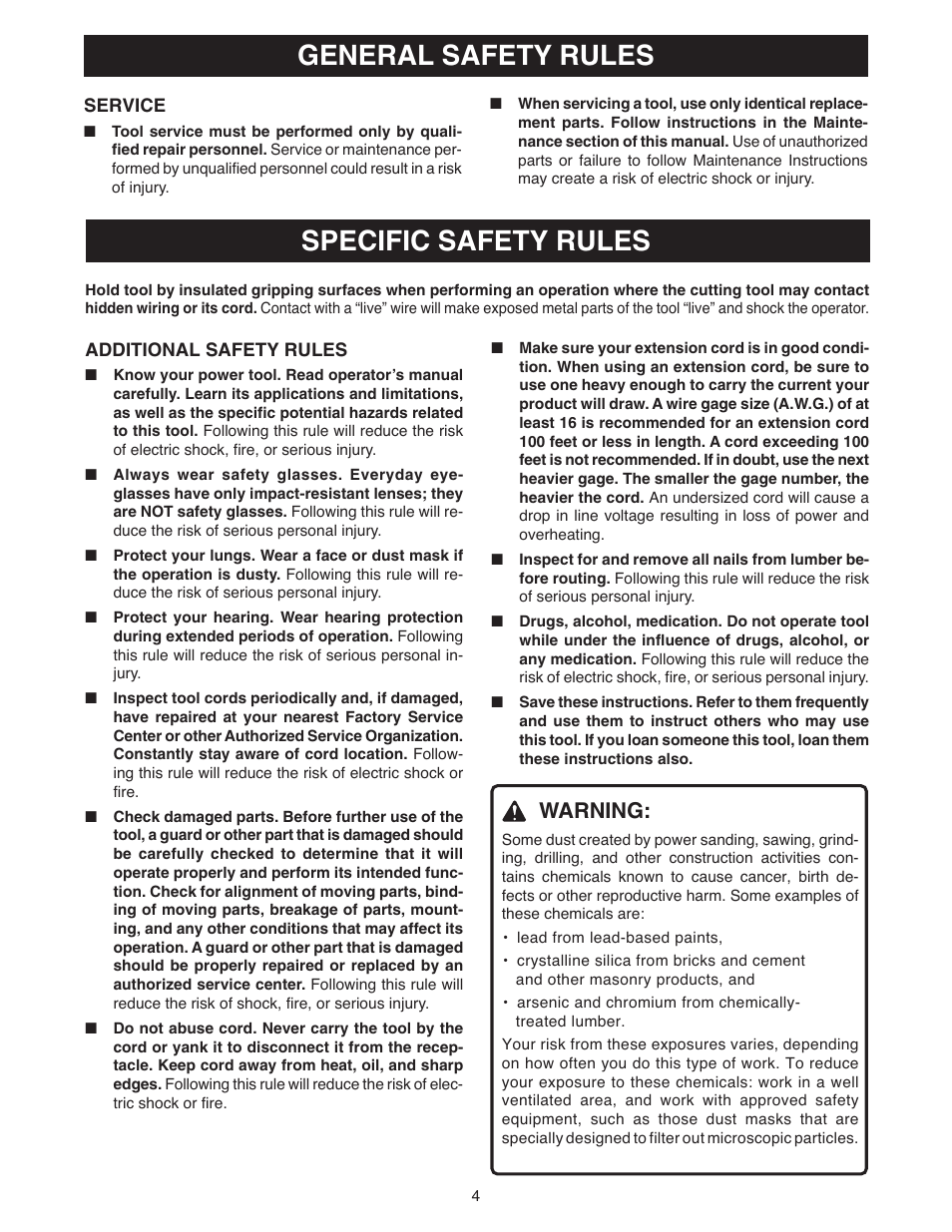 Specific safety rules, General safety rules, Warning | Ryobi RE180PL1 User Manual | Page 4 / 24