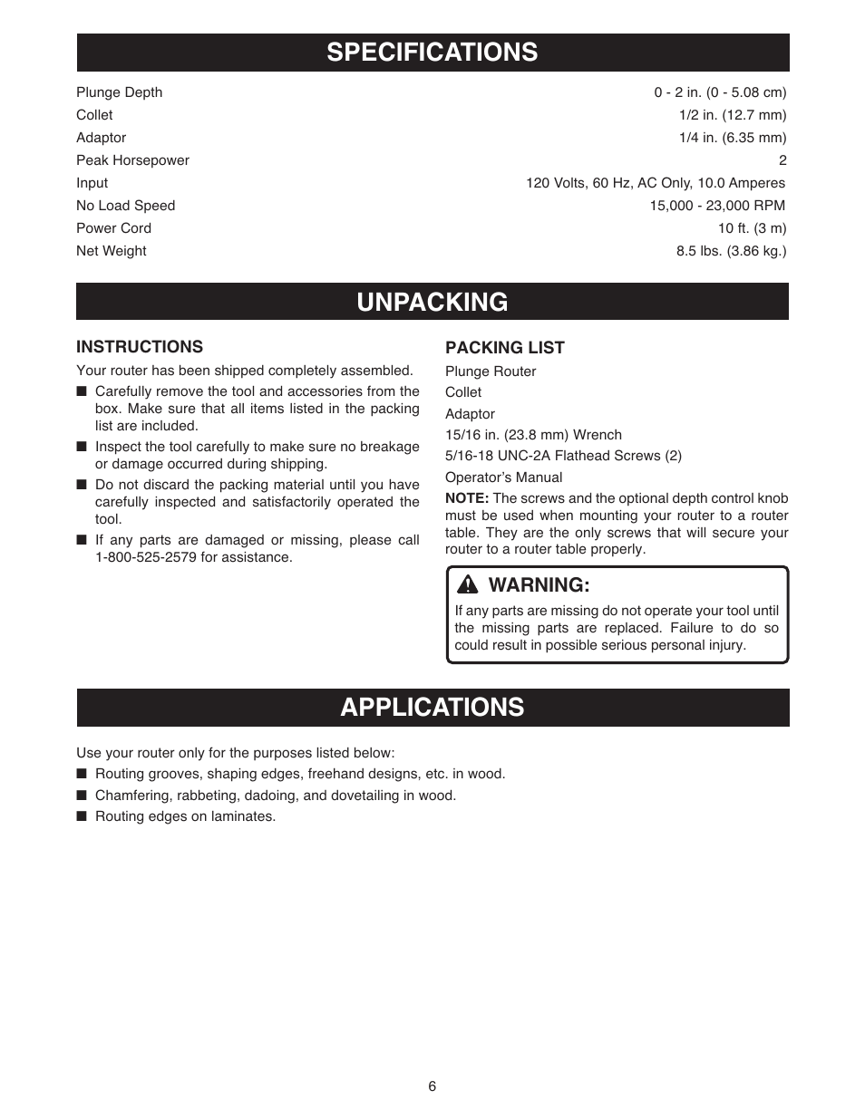 Specifications unpacking applications, Warning | Ryobi RE180PL1 User Manual | Page 6 / 24