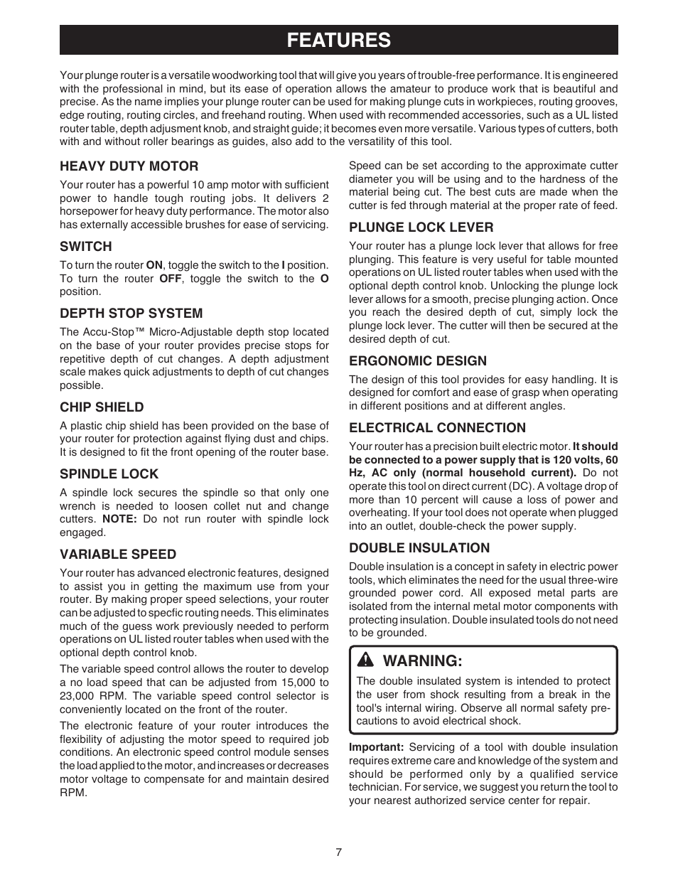 Features, Warning | Ryobi RE180PL1 User Manual | Page 7 / 24