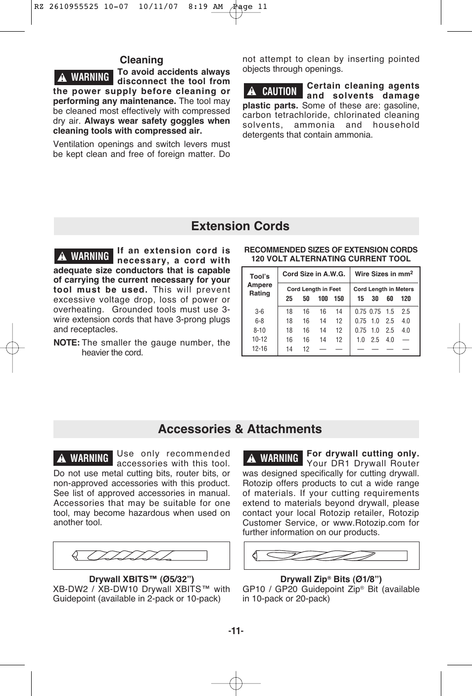 Extension cords, Accessories & attachments, Cleaning | Warning, Caution | RotoZip DR1 User Manual | Page 11 / 36