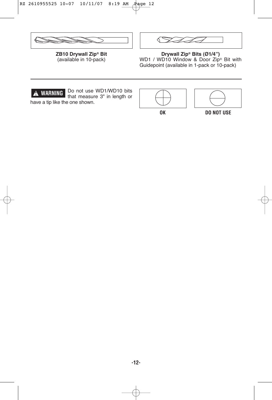 Warning | RotoZip DR1 User Manual | Page 12 / 36