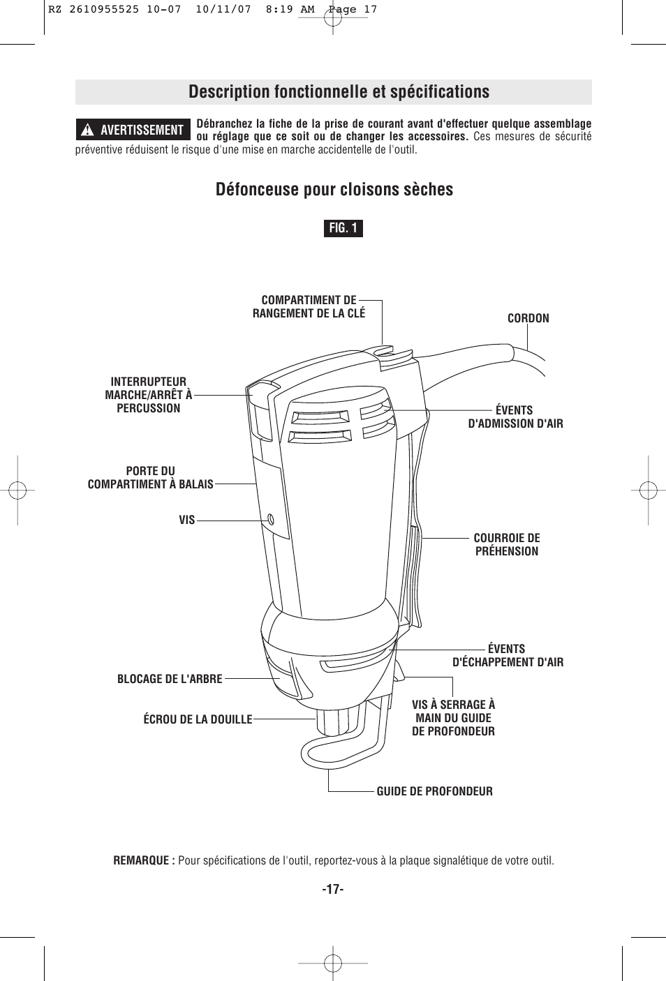 Description fonctionnelle et spécifications, Défonceuse pour cloisons sèches | RotoZip DR1 User Manual | Page 17 / 36