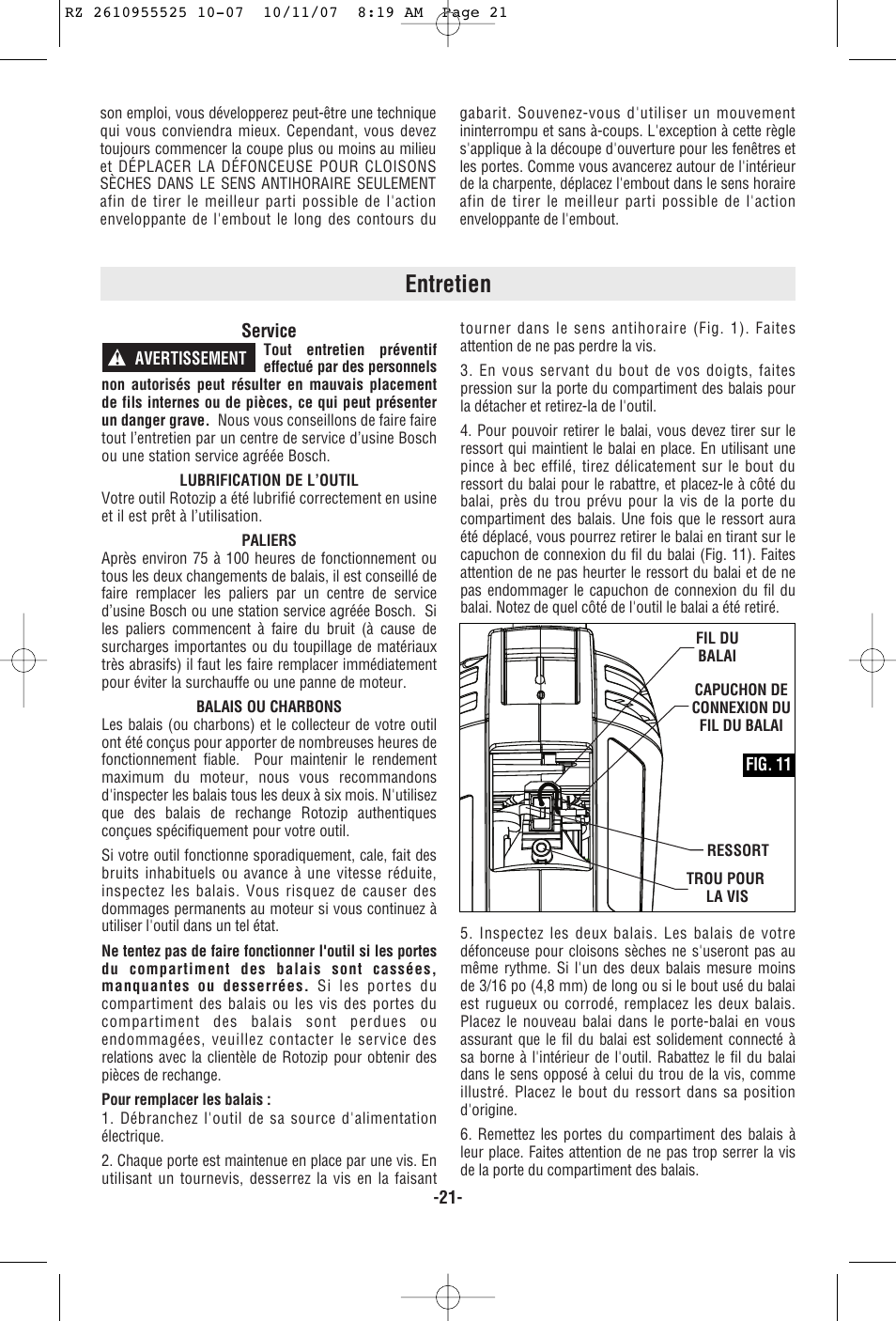 Entretien | RotoZip DR1 User Manual | Page 21 / 36