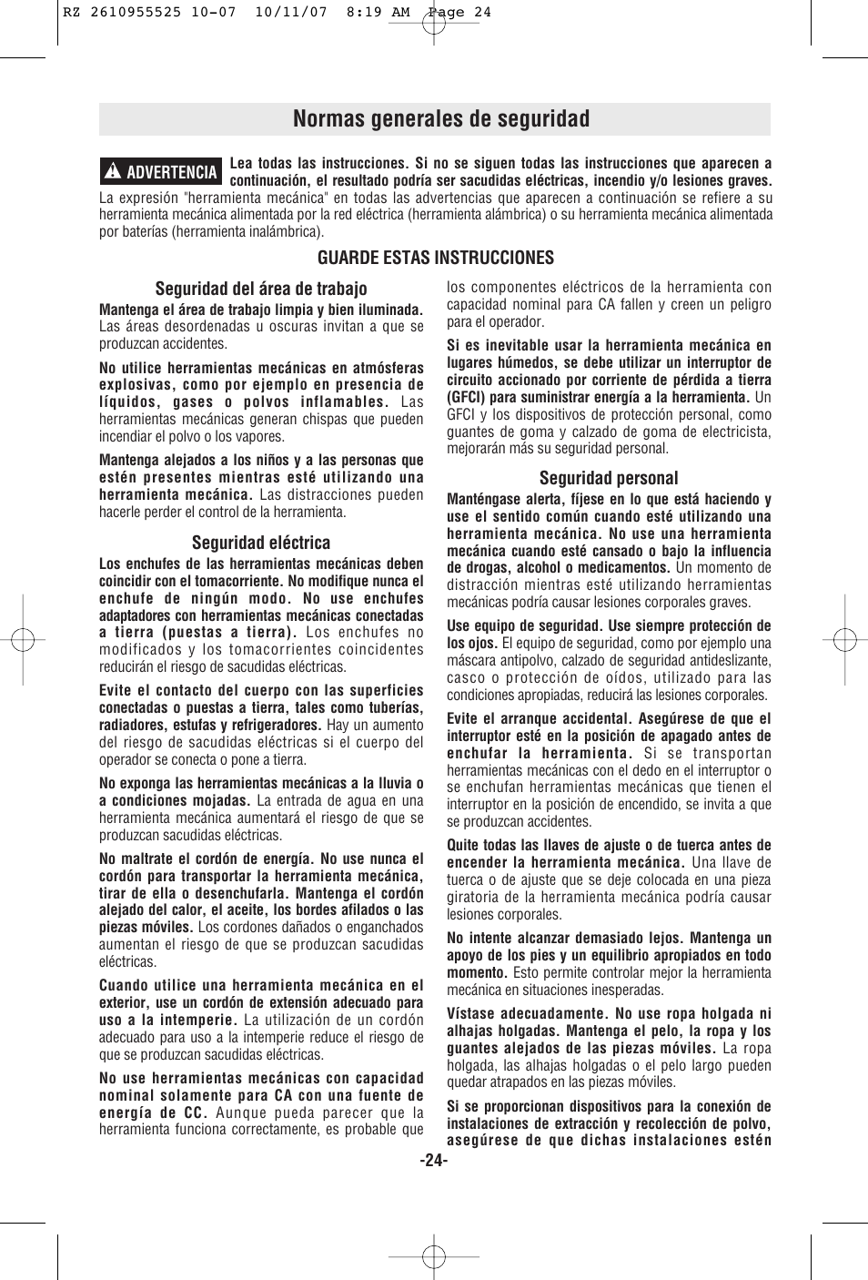Normas generales de seguridad | RotoZip DR1 User Manual | Page 24 / 36