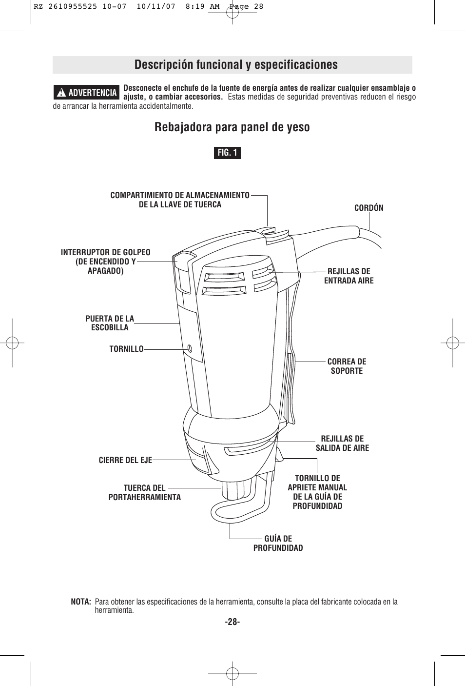 Descripción funcional y especificaciones, Rebajadora para panel de yeso | RotoZip DR1 User Manual | Page 28 / 36