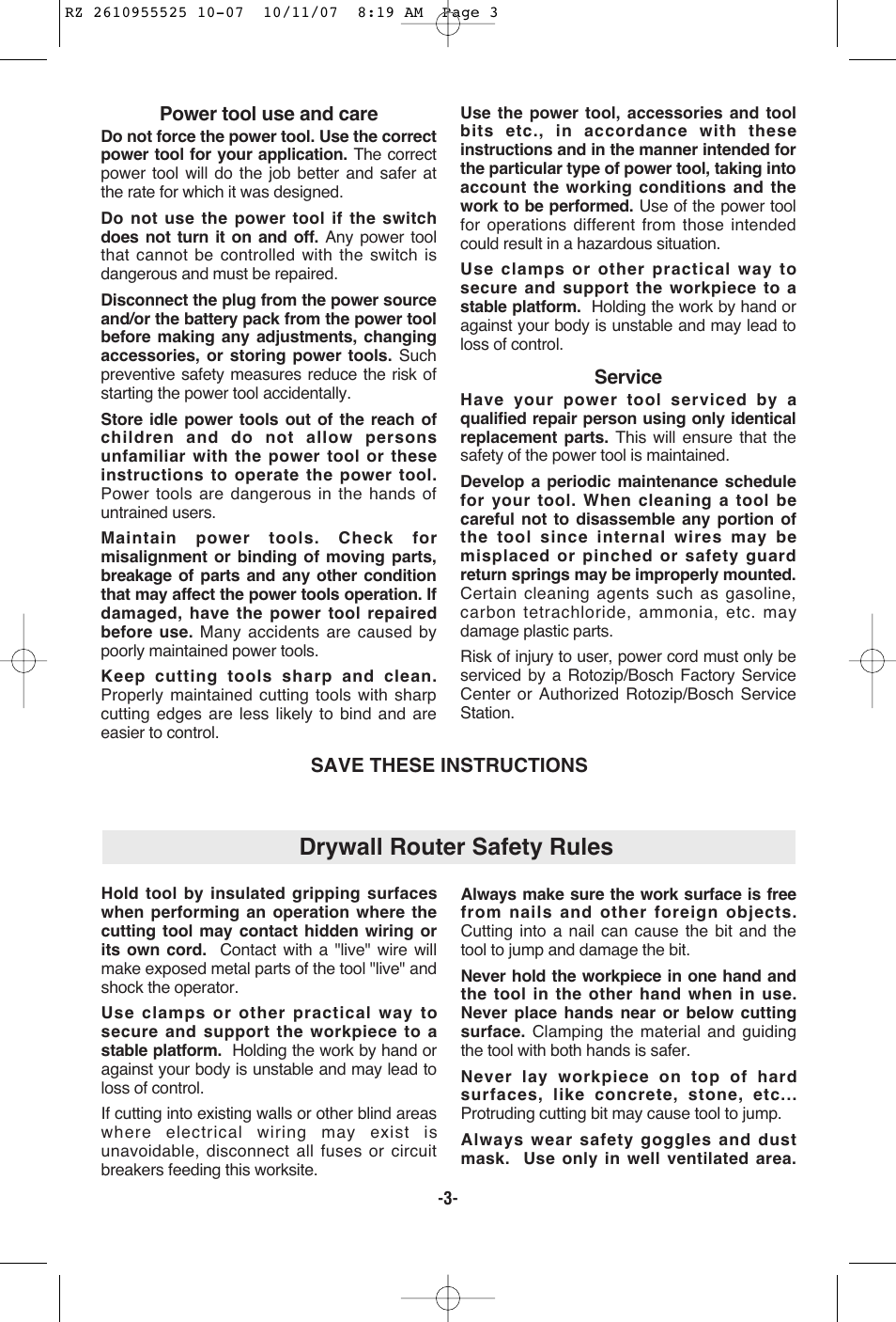 Drywall router safety rules | RotoZip DR1 User Manual | Page 3 / 36