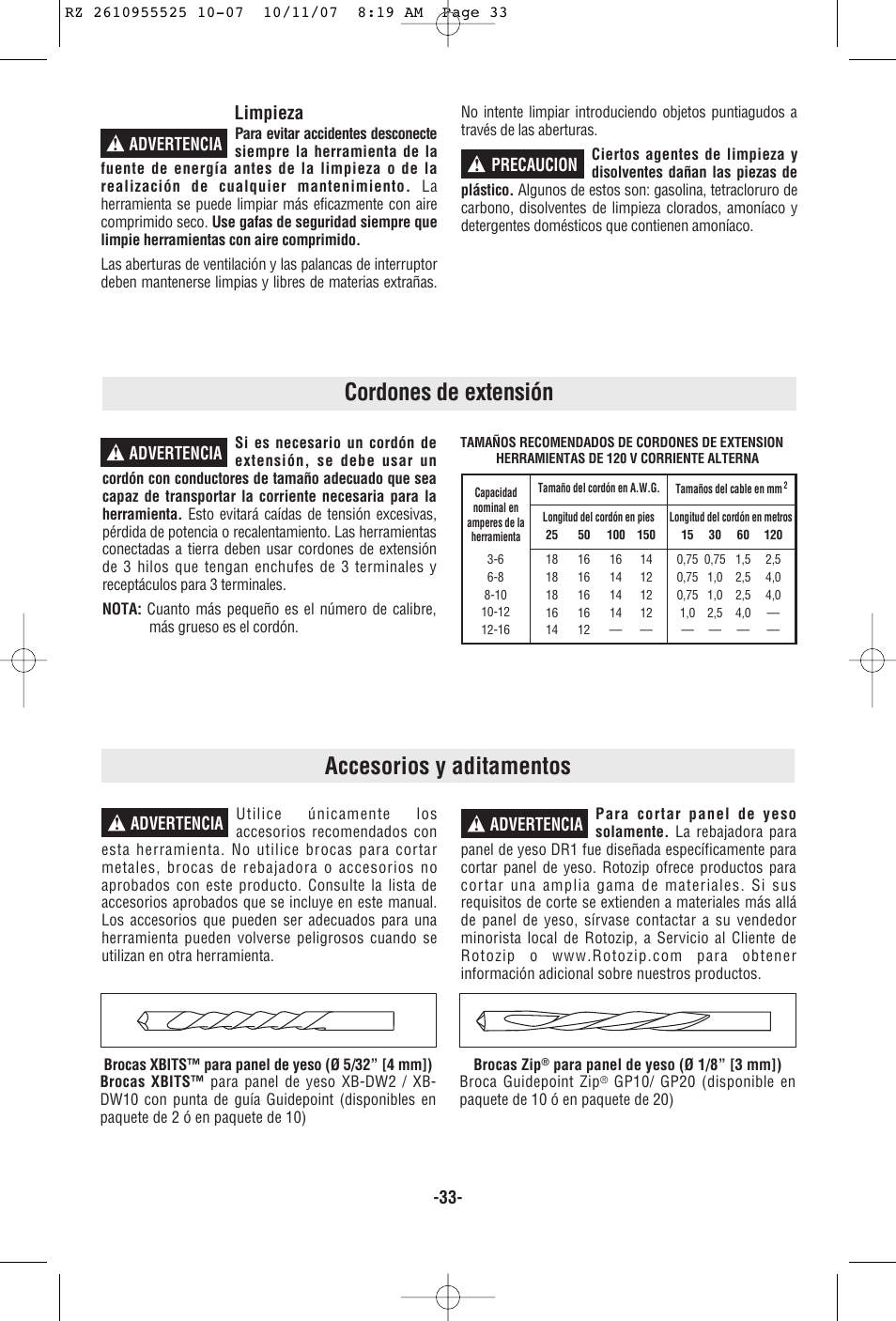 Cordones de extensión, Accesorios y aditamentos, Limpieza | Advertencia ! precaucion, Advertencia, Advertencia ! advertencia | RotoZip DR1 User Manual | Page 33 / 36