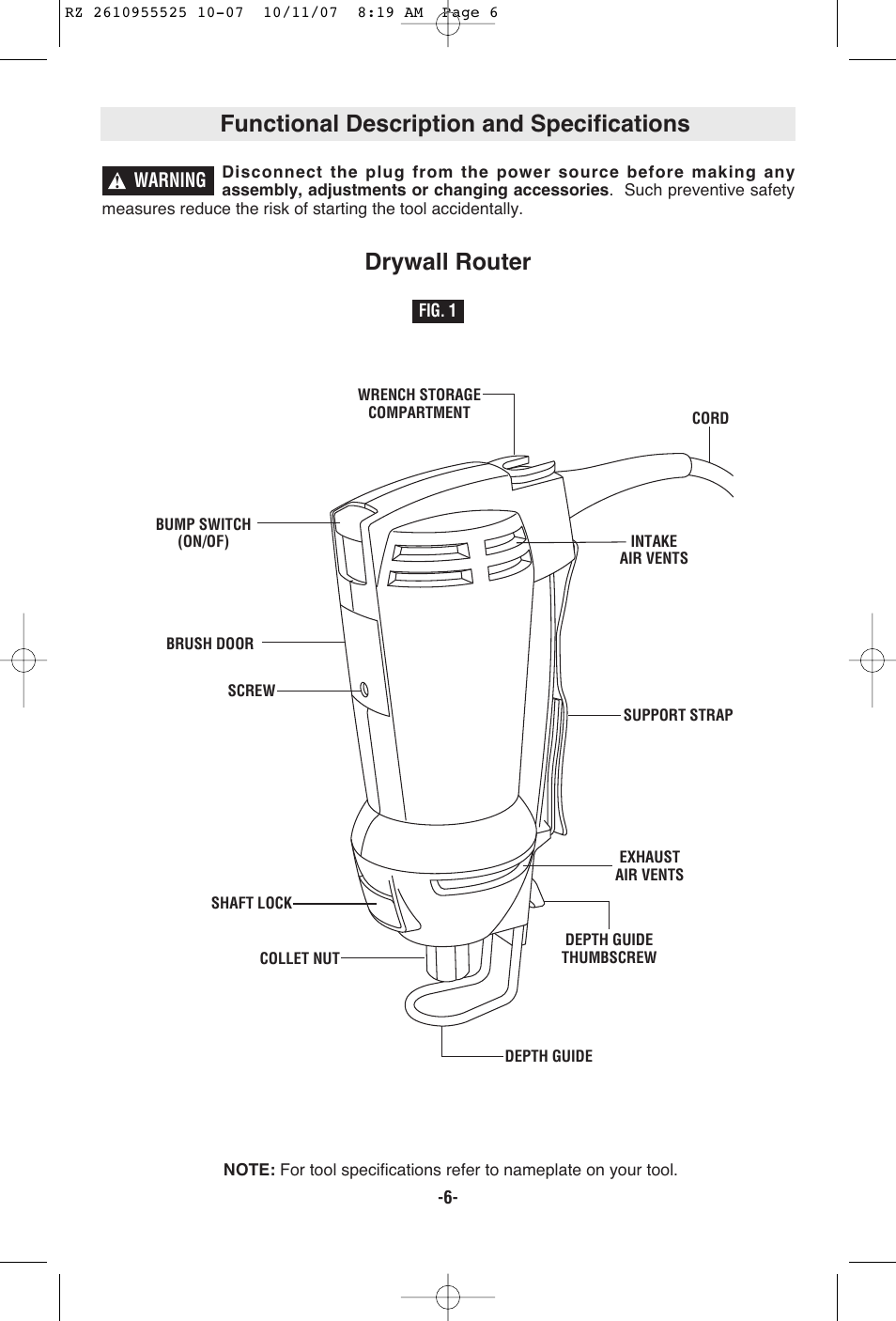 Functional description and specifications, Drywall router | RotoZip DR1 User Manual | Page 6 / 36