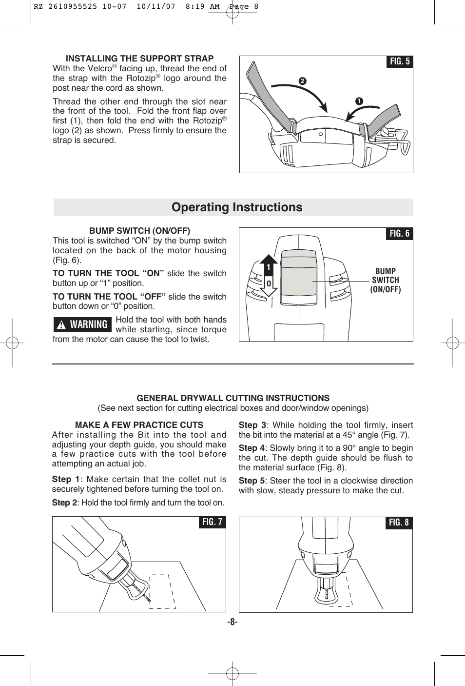 Operating instructions | RotoZip DR1 User Manual | Page 8 / 36