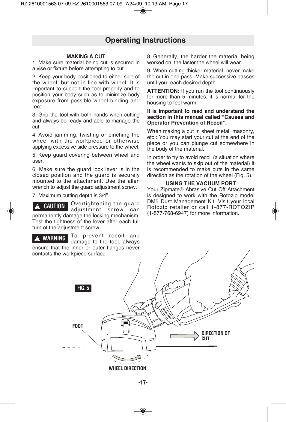 Operating instructions | RotoZip ROTO ZIP RZ2000 User Manual | Page 17 / 68