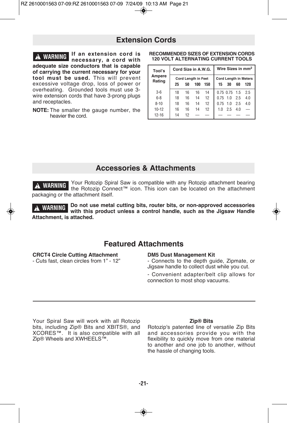 Accessories & attachments, Extension cords featured attachments, Warning | RotoZip ROTO ZIP RZ2000 User Manual | Page 21 / 68