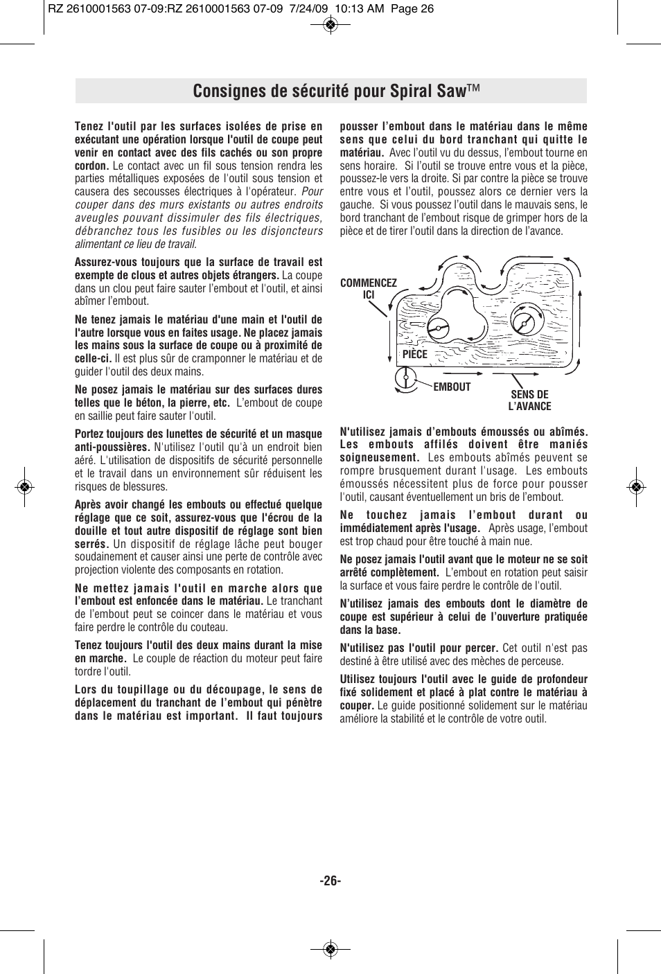 Consignes de sécurité pour spiral saw | RotoZip ROTO ZIP RZ2000 User Manual | Page 26 / 68