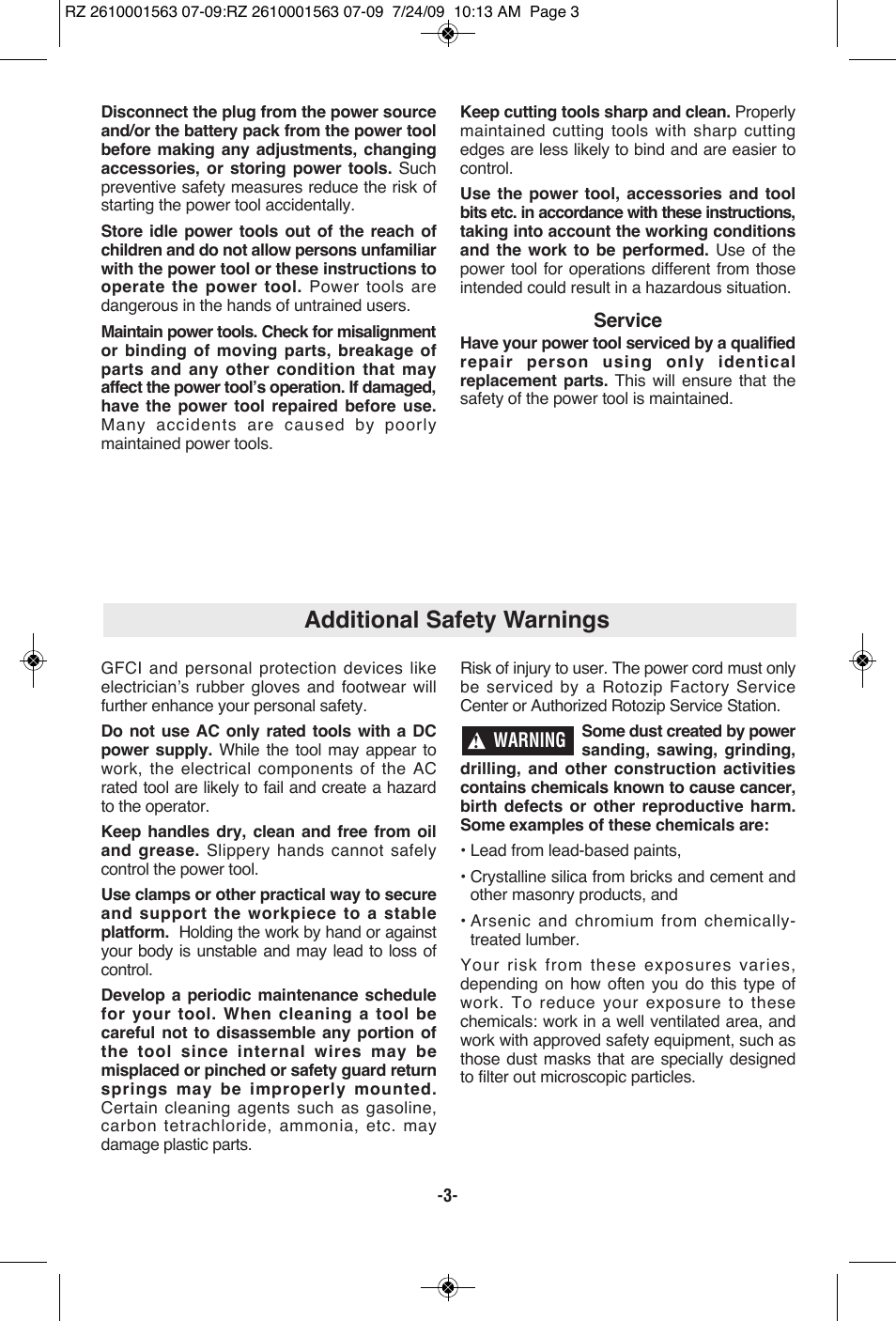 Additional safety warnings | RotoZip ROTO ZIP RZ2000 User Manual | Page 3 / 68