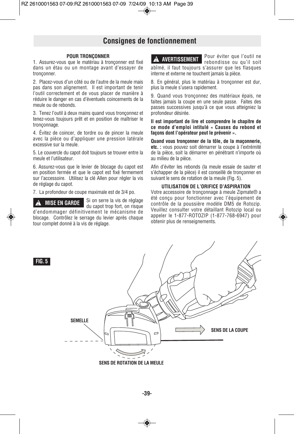 Consignes de fonctionnement | RotoZip ROTO ZIP RZ2000 User Manual | Page 39 / 68