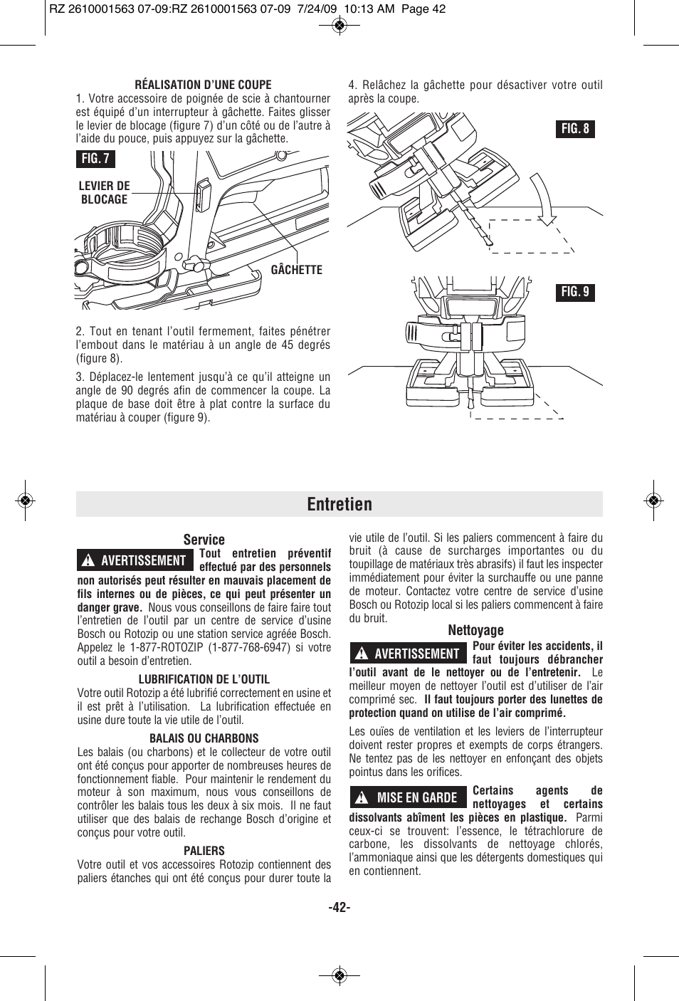 Entretien | RotoZip ROTO ZIP RZ2000 User Manual | Page 42 / 68