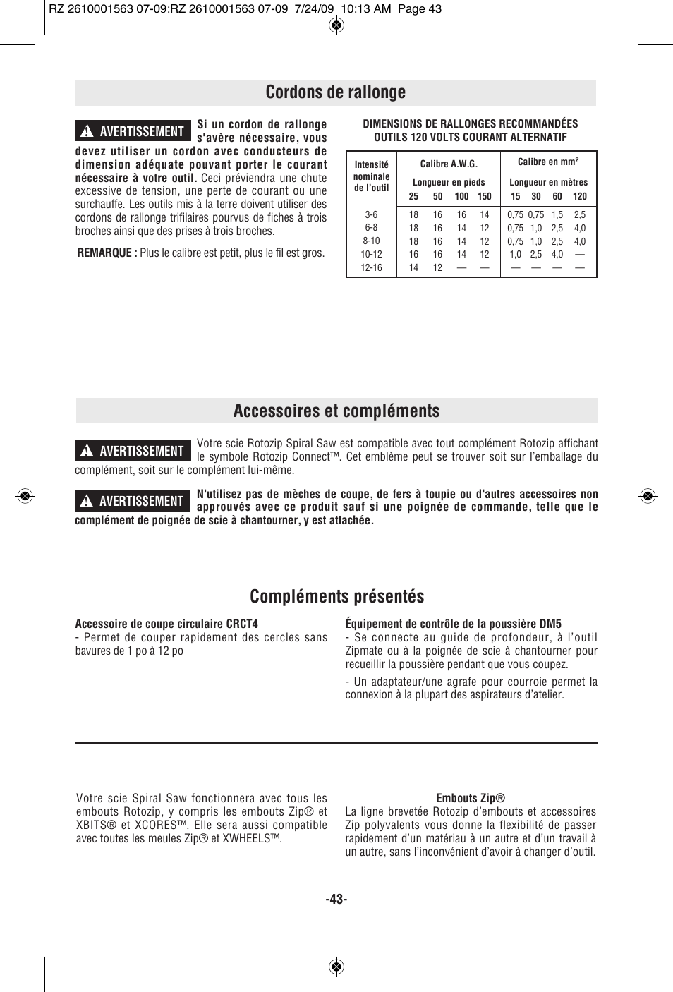 Accessoires et compléments, Cordons de rallonge compléments présentés, Avertissement | RotoZip ROTO ZIP RZ2000 User Manual | Page 43 / 68