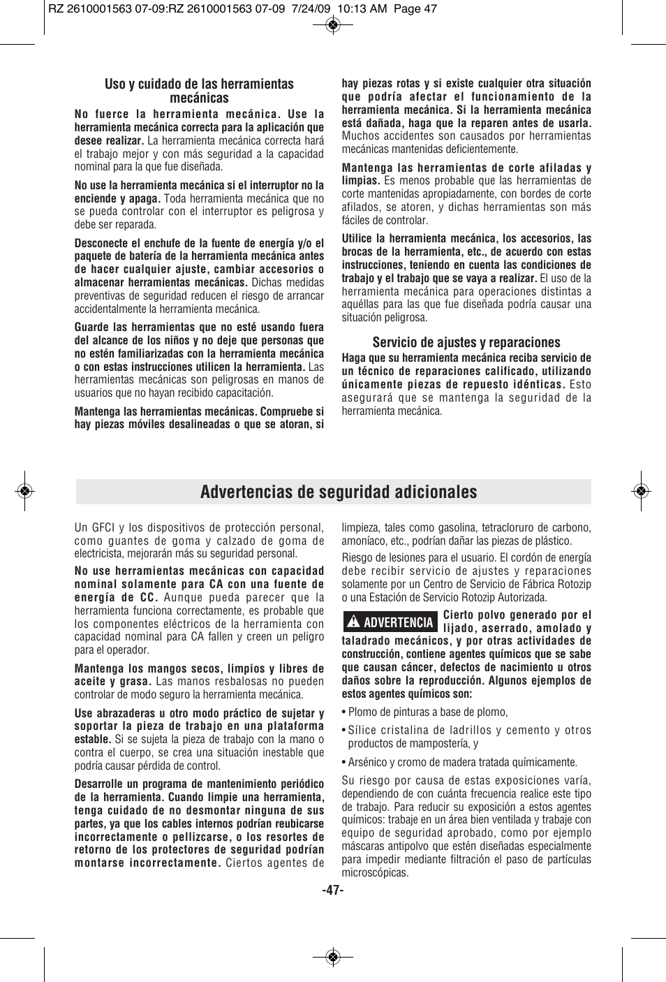 Advertencias de seguridad adicionales | RotoZip ROTO ZIP RZ2000 User Manual | Page 47 / 68