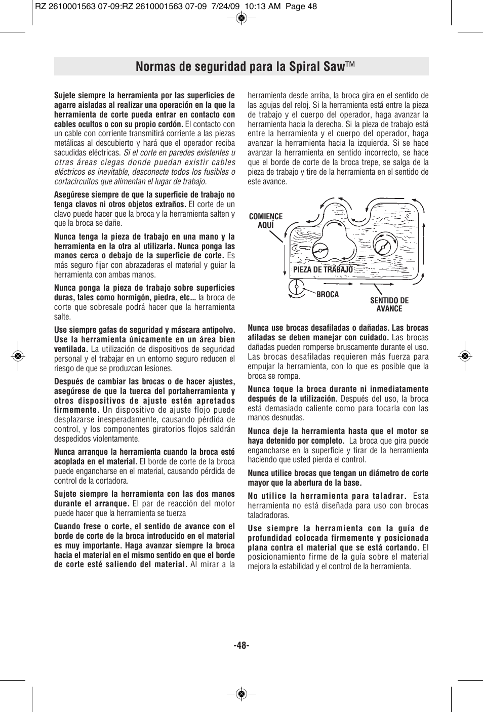 Normas de seguridad para la spiral saw | RotoZip ROTO ZIP RZ2000 User Manual | Page 48 / 68