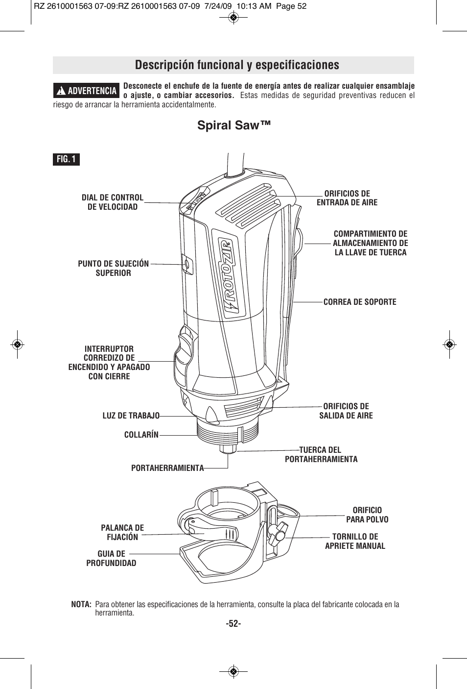 Descripción funcional y especificaciones, Spiral saw | RotoZip ROTO ZIP RZ2000 User Manual | Page 52 / 68