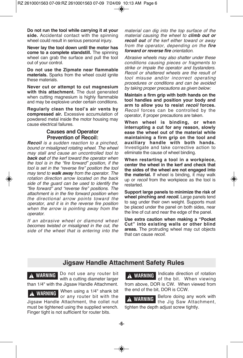 Jigsaw handle attachment safety rules | RotoZip ROTO ZIP RZ2000 User Manual | Page 6 / 68