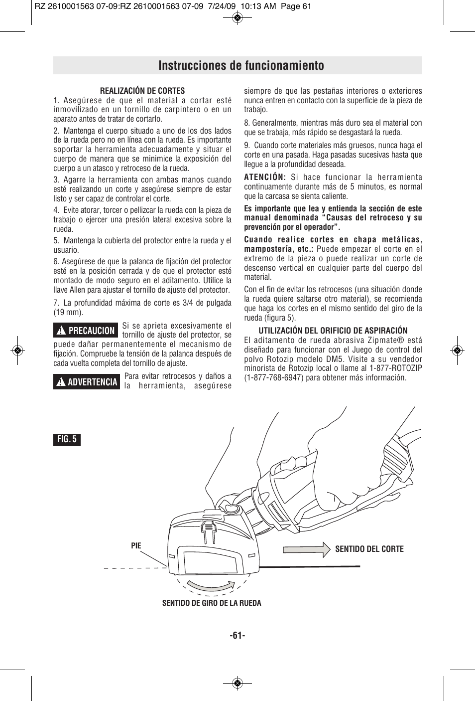 Instrucciones de funcionamiento | RotoZip ROTO ZIP RZ2000 User Manual | Page 61 / 68