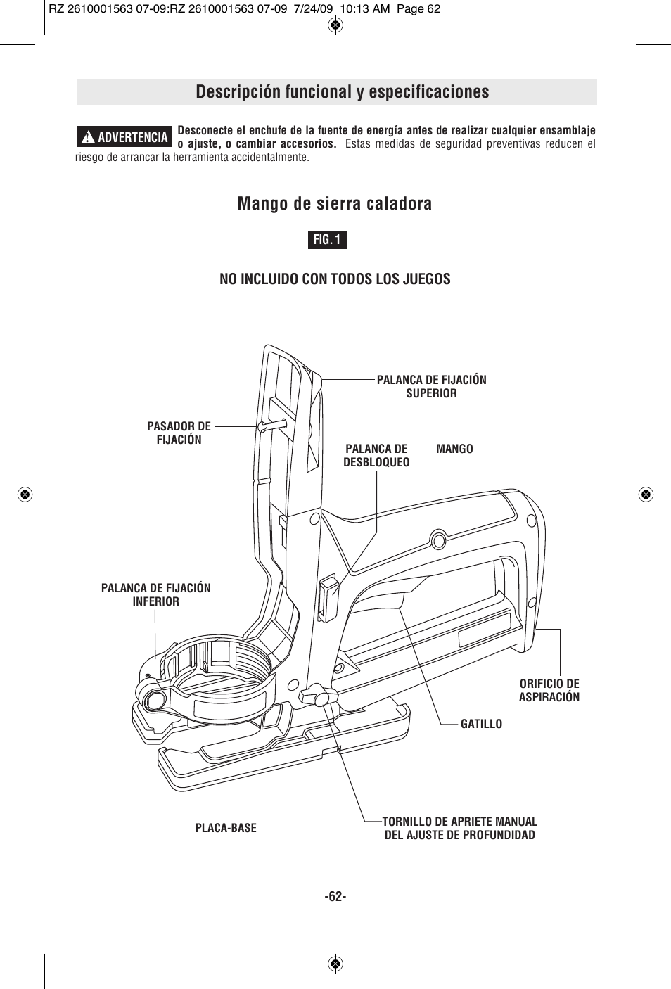 Descripción funcional y especificaciones, Mango de sierra caladora | RotoZip ROTO ZIP RZ2000 User Manual | Page 62 / 68