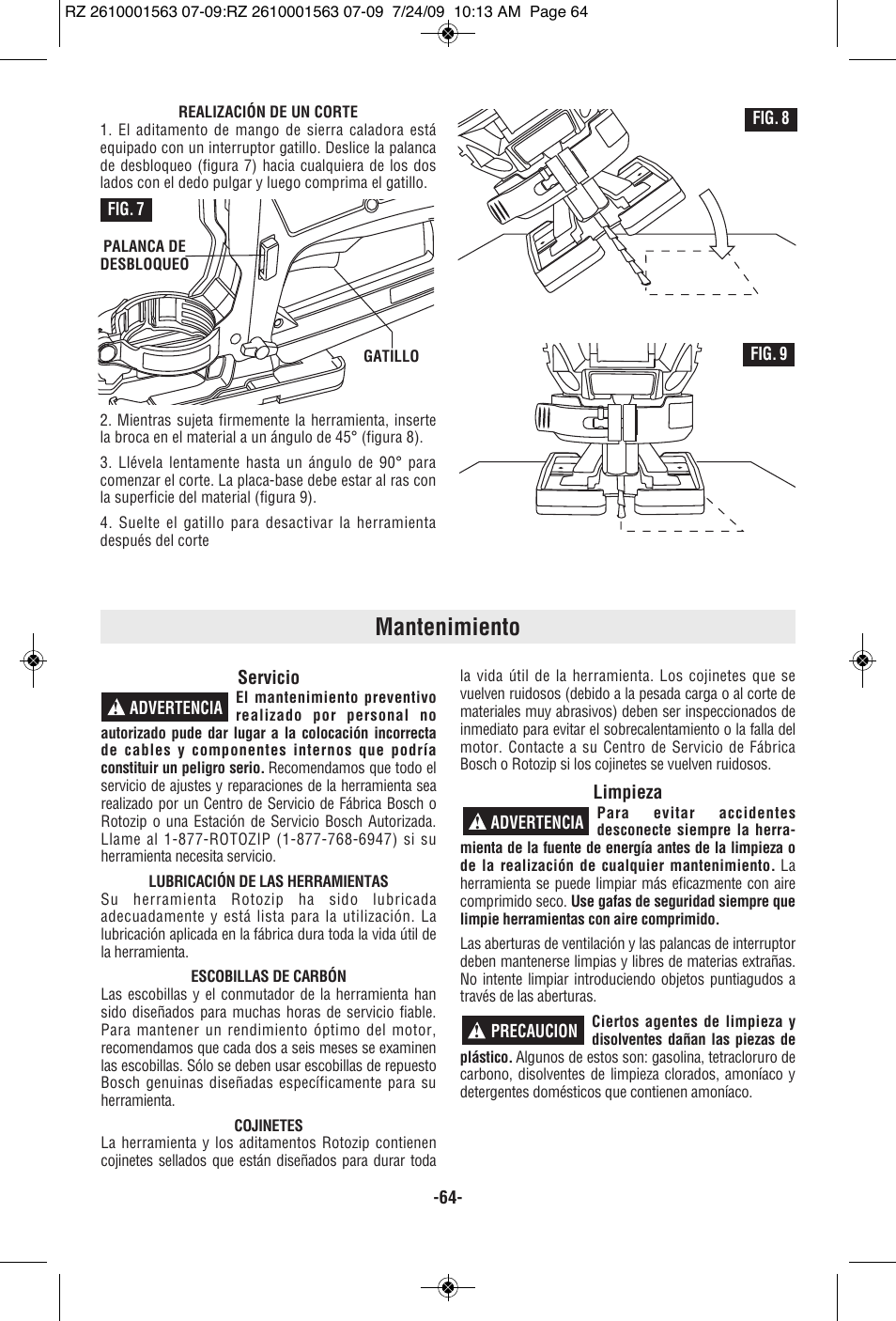 Mantenimiento | RotoZip ROTO ZIP RZ2000 User Manual | Page 64 / 68