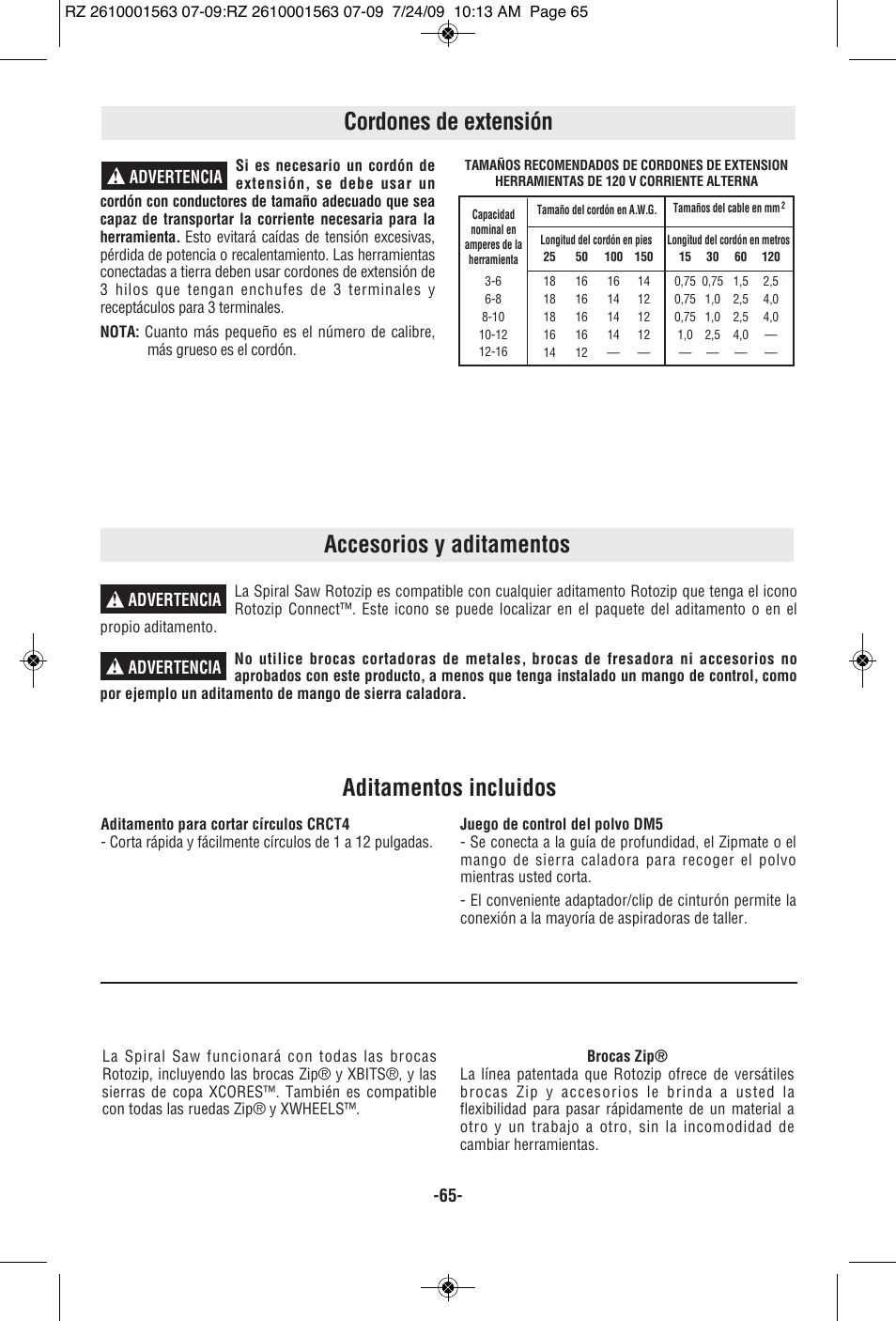 Accesorios y aditamentos, Cordones de extensión, Aditamentos incluidos | Advertencia, Advertencia ! advertencia | RotoZip ROTO ZIP RZ2000 User Manual | Page 65 / 68