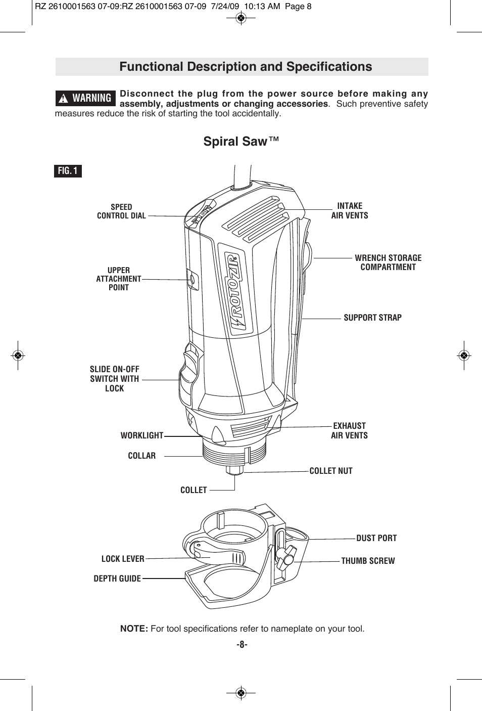 Functional description and specifications, Spiral saw | RotoZip ROTO ZIP RZ2000 User Manual | Page 8 / 68