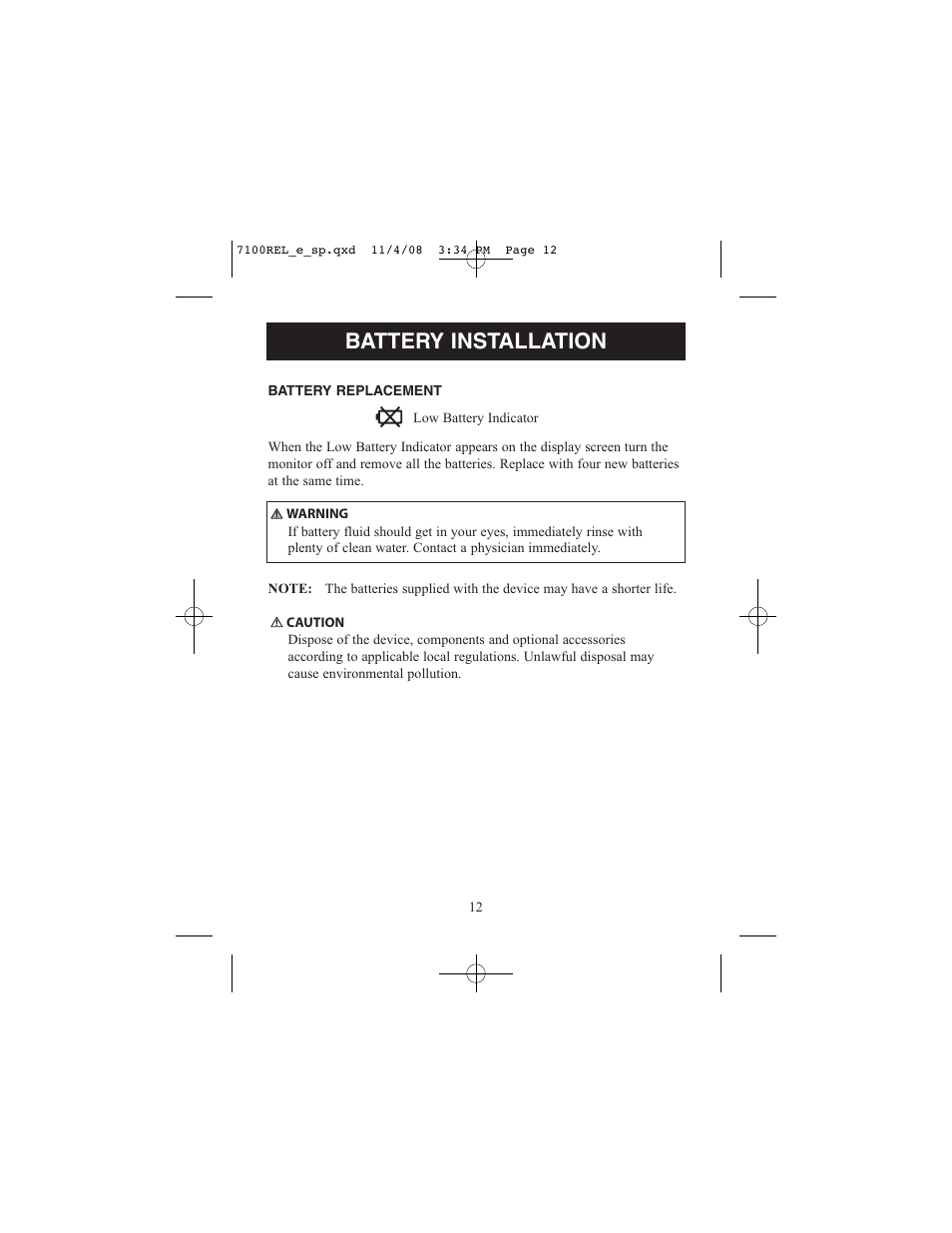 Battery installation | ReliOn 7100REL User Manual | Page 12 / 52