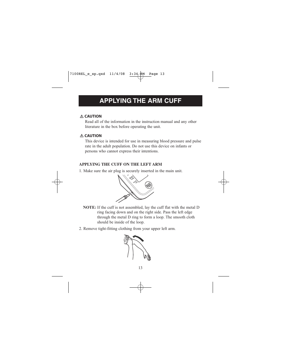 Applying the arm cuff | ReliOn 7100REL User Manual | Page 13 / 52