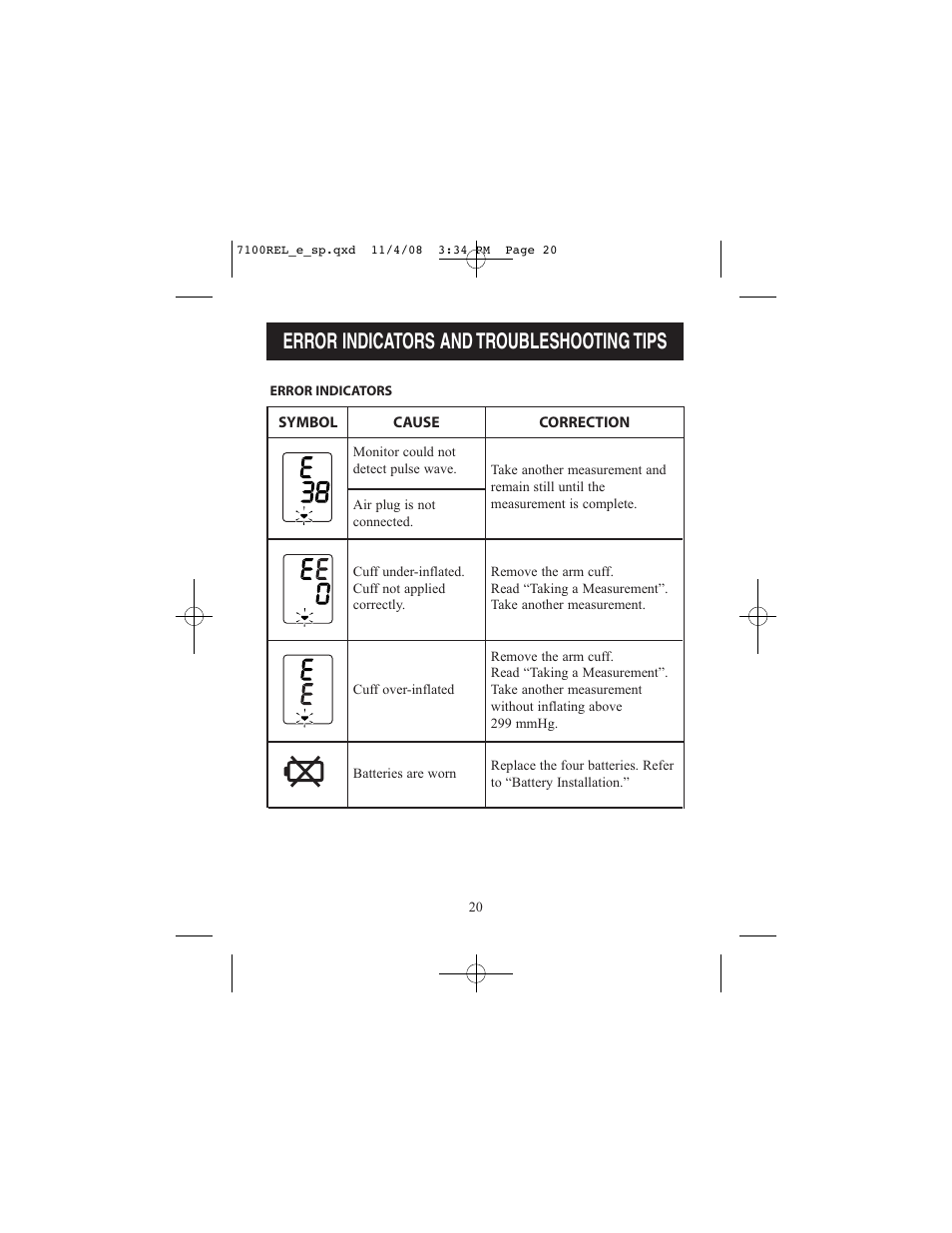 Error indicators and troubleshooting tips | ReliOn 7100REL User Manual | Page 20 / 52