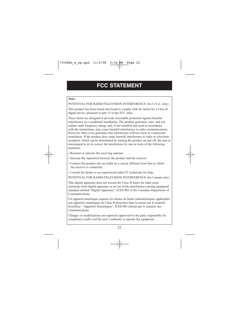 Fcc statement | ReliOn 7100REL User Manual | Page 22 / 52