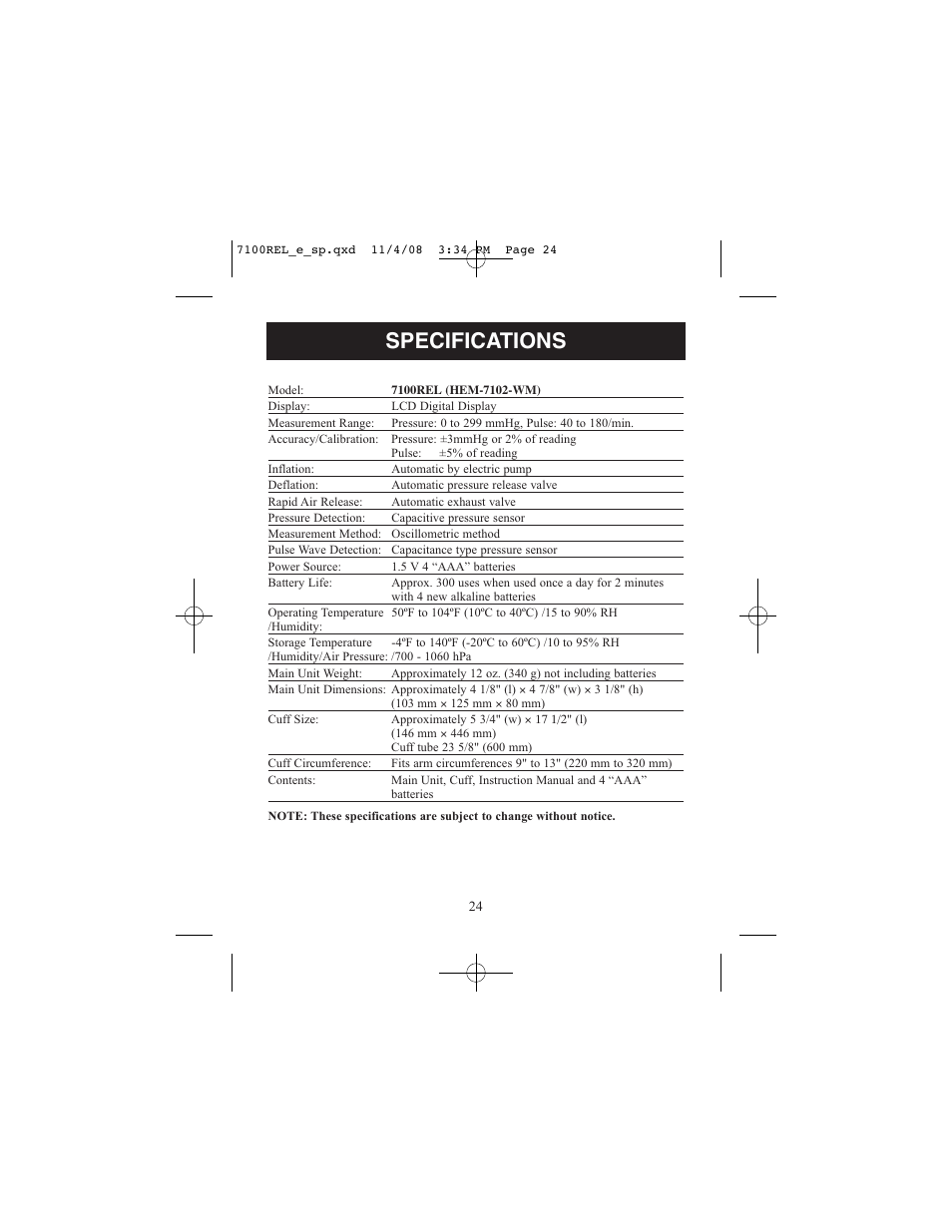 Specifications | ReliOn 7100REL User Manual | Page 24 / 52