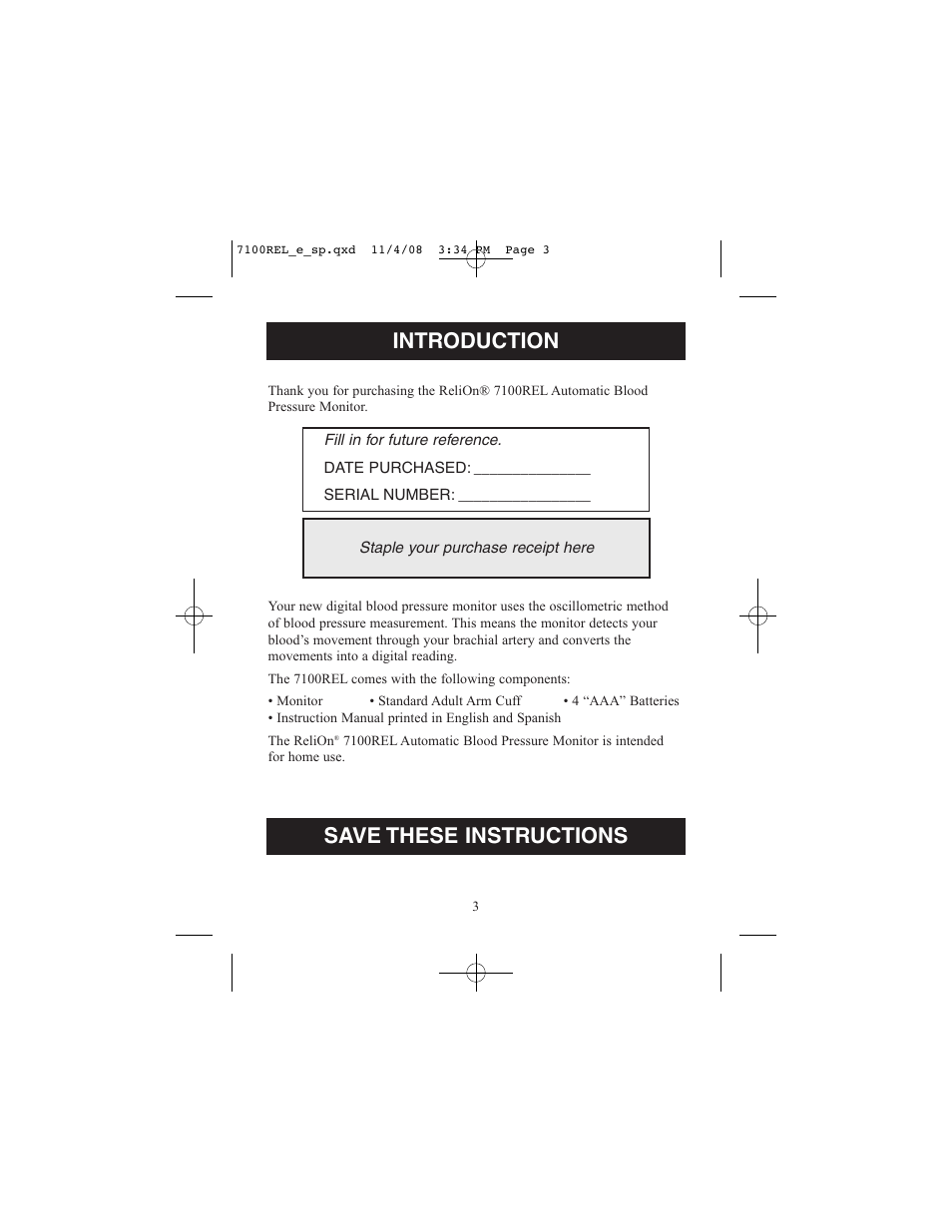 Introduction, Save these instructions | ReliOn 7100REL User Manual | Page 3 / 52