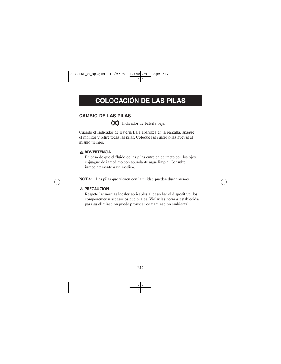 Colocación de las pilas | ReliOn 7100REL User Manual | Page 38 / 52