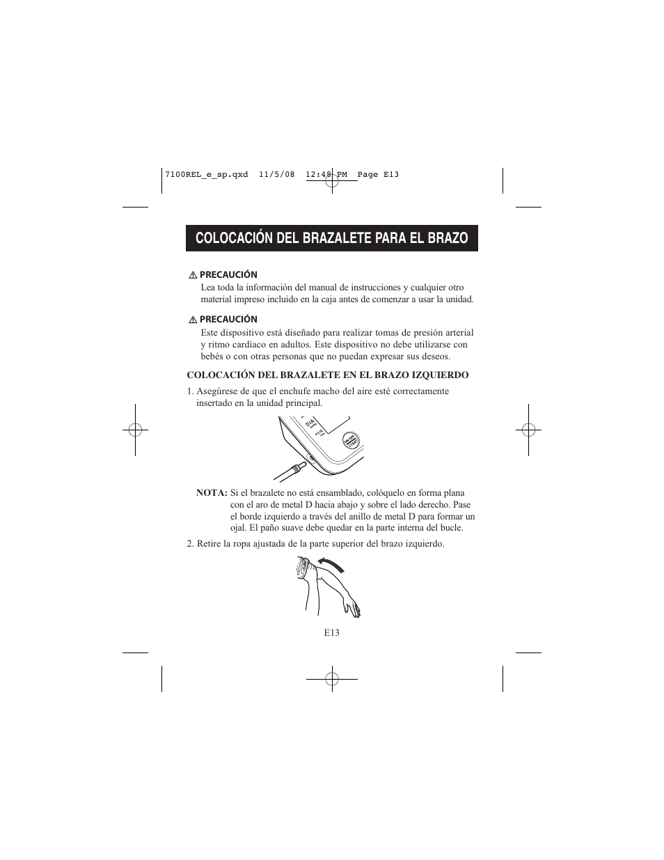 Colocación del brazalete para el brazo | ReliOn 7100REL User Manual | Page 39 / 52