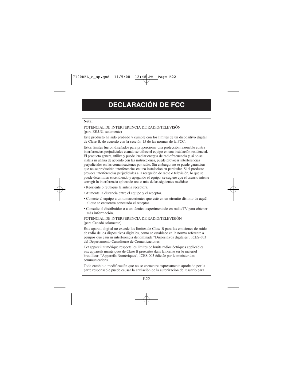 Declaración de fcc | ReliOn 7100REL User Manual | Page 48 / 52