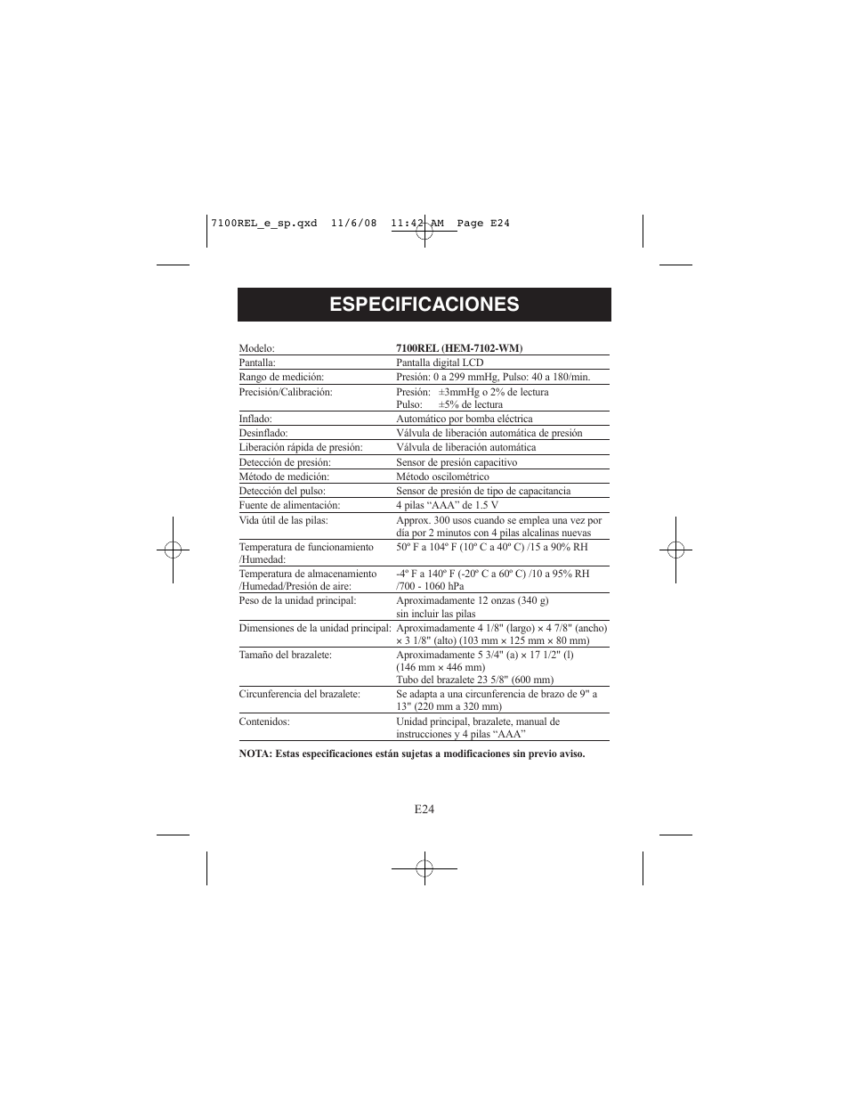 Especificaciones | ReliOn 7100REL User Manual | Page 50 / 52