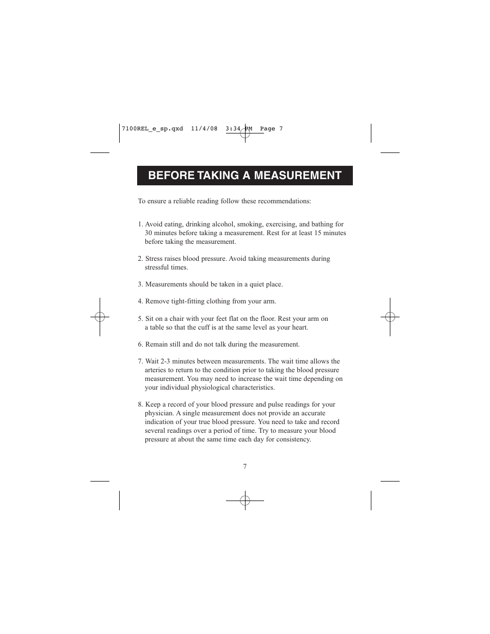 Before taking a measurement | ReliOn 7100REL User Manual | Page 7 / 52