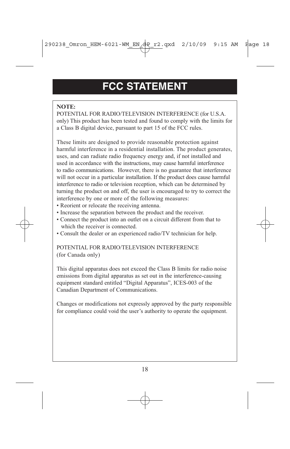 Fcc statement | ReliOn 6021REL User Manual | Page 18 / 44